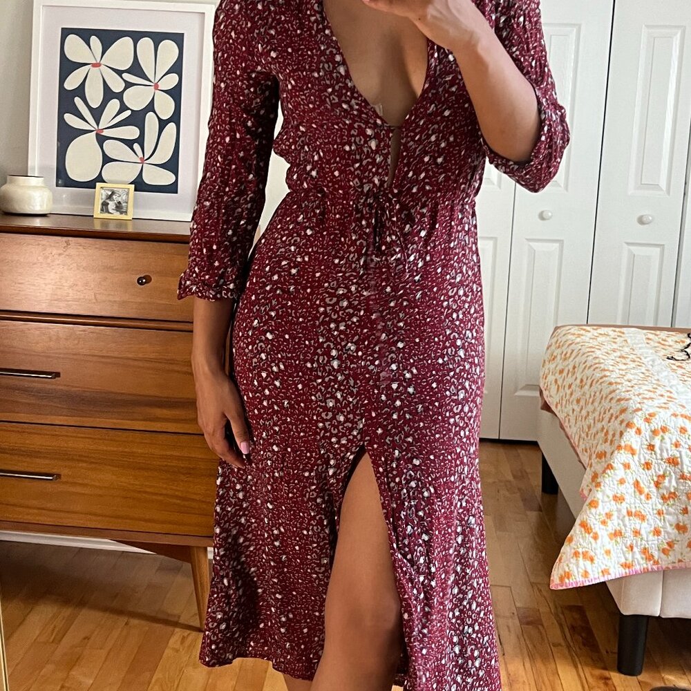 Reformation Bree Animal Print Burgundy Red Midi Dress (XS)